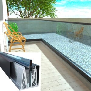 Aluminum Glass Railing U Channel with Triangular Support & Serrated Bite, LED Ready for Balcony Deck Glass Guardrail