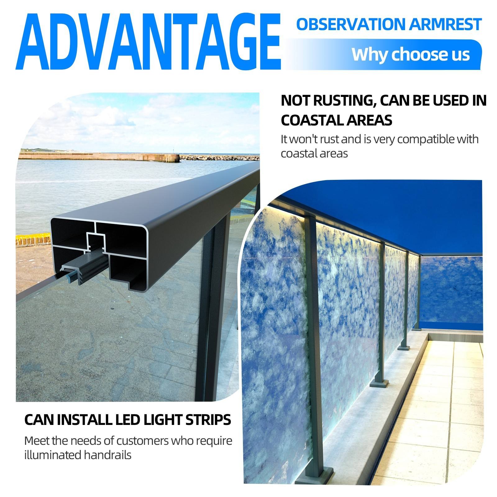 Square Viewing Armrest Modern Aluminum Alloy Balcony Stair Villa Hotel Apartment Handrail Glass Railing Water Resistant UV - 图片 3