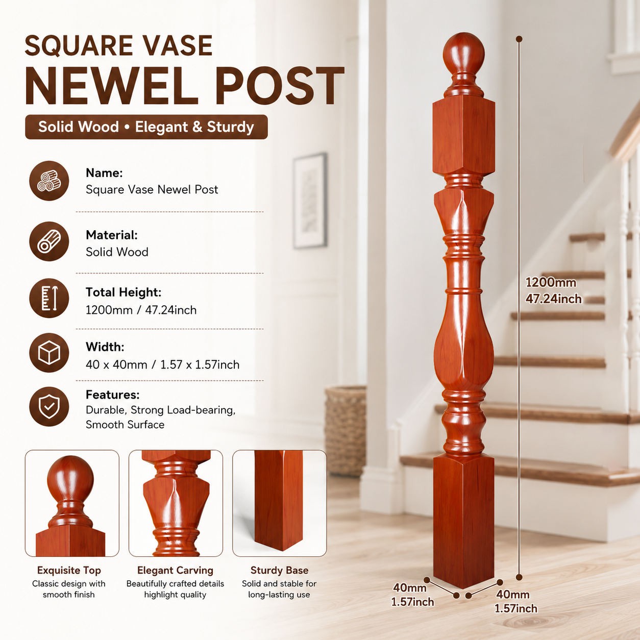 Courtyard Wooden Post Premium Stair Railing Solid Wood Stair Post Newel Post Elegent Stairs Post Indoor Staircase Railing - 图片 3