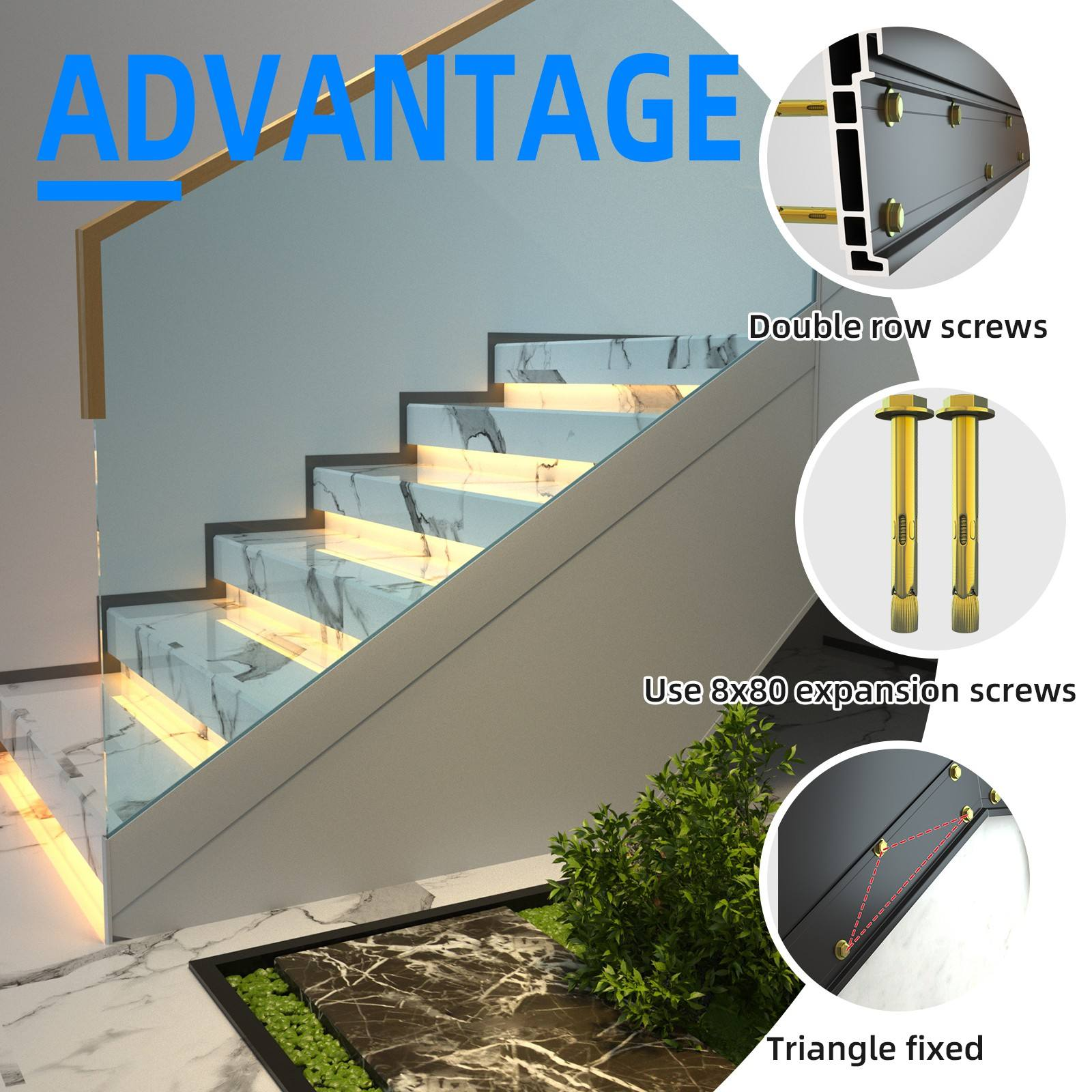 Modern Aluminum Alloy Glass Profile U-Channel Adjustable Staircase Railings for Hotel Villa Use Rust Resistant Indoor Baluster - 图片 2