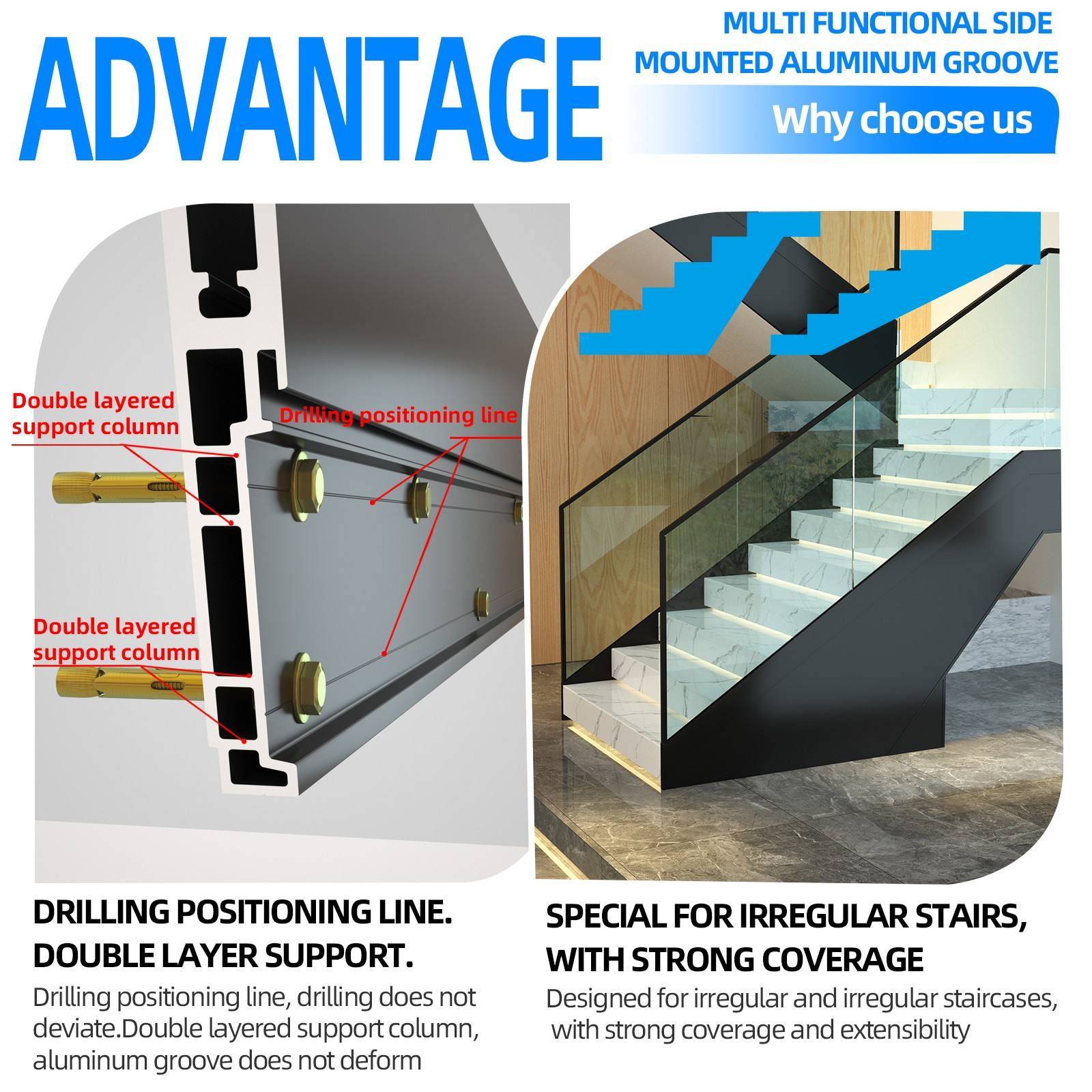 Modern Aluminum Alloy Glass Profile U-Channel Adjustable Staircase Railings for Hotel Villa Use Rust Resistant Indoor Baluster - 图片 3