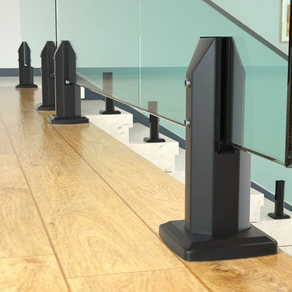This heavy-duty matte black glass spigot features a minimalist design while delivering exceptional load-bearing stability. It comes with a widened flange base and a matching cover plate to perfectly conceal installation screws. Ideal for indoor wooden hallways, modern staircase perimeters, or outdoor patios. It maximizes safety while minimizing visual obstruction, creating a seamless and airy spatial aesthetic.
