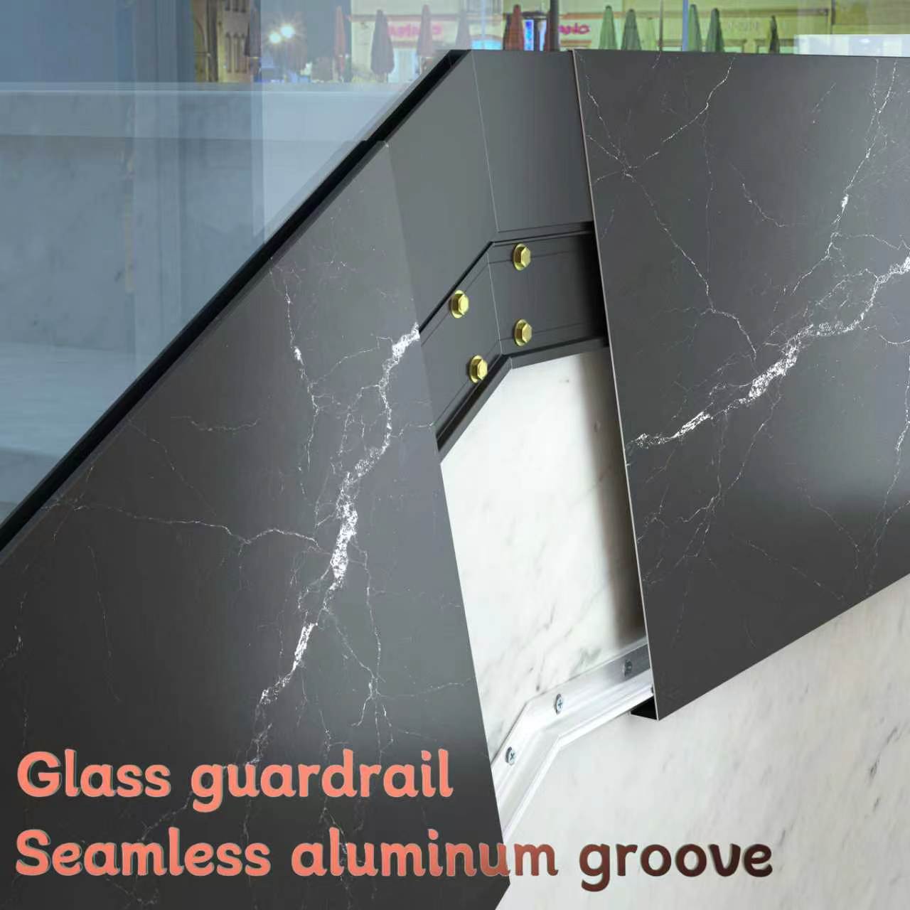 This seamless fascia-mount aluminum groove showcases the ultimate concealed installation technique. Internally, high-strength bolts secure the structural brackets firmly to the building's substrate, while the exterior allows for flawless integration with marble, sintered stone, or other decorative panels. It achieves a truly seamless "glass-only" look, providing both structural integrity and bespoke luxury for high-end custom staircases and premium interior guardrails.